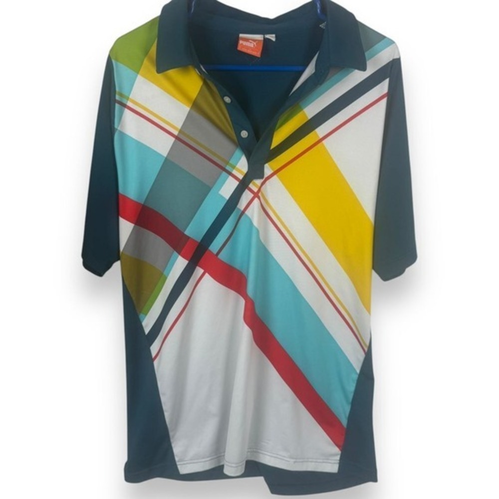 Puma Polo Shirt Mens Size Large Geometric Diagonal‎ Stripe Golf Athletic Retro